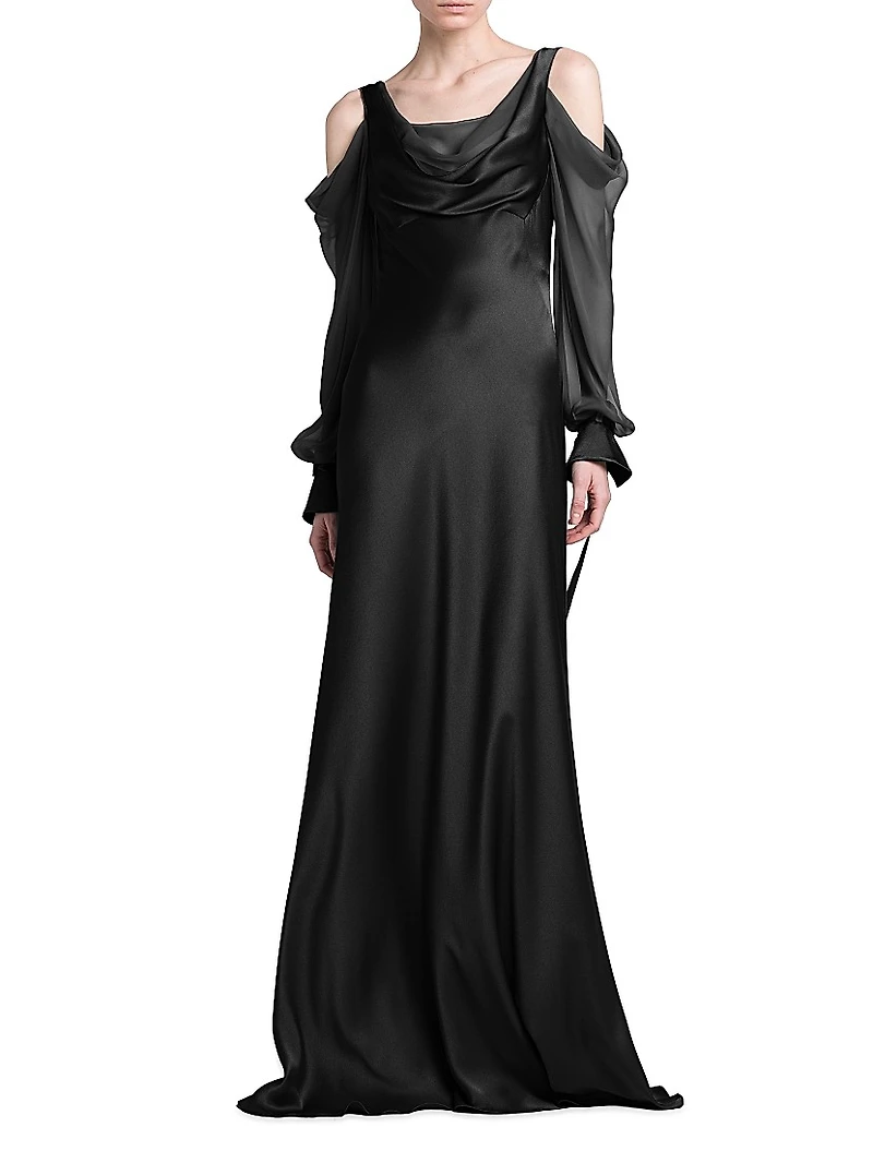 Silk Draped Cold-Shoulder Column Gown