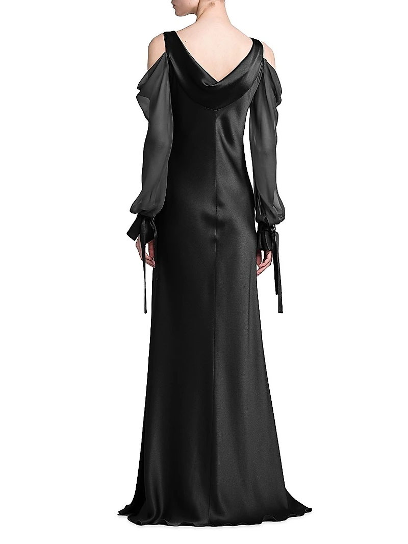 Silk Draped Cold-Shoulder Column Gown