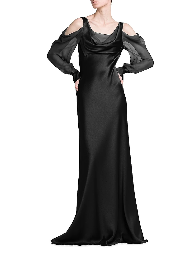 Silk Draped Cold-Shoulder Column Gown
