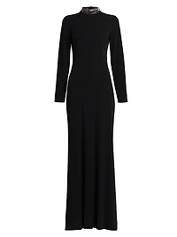 Draped-Back Beaded Turtleneck Dress