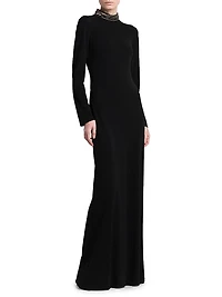 Draped-Back Beaded Turtleneck Dress