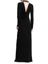 Draped-Back Beaded Turtleneck Dress