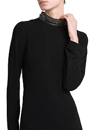Draped-Back Beaded Turtleneck Dress