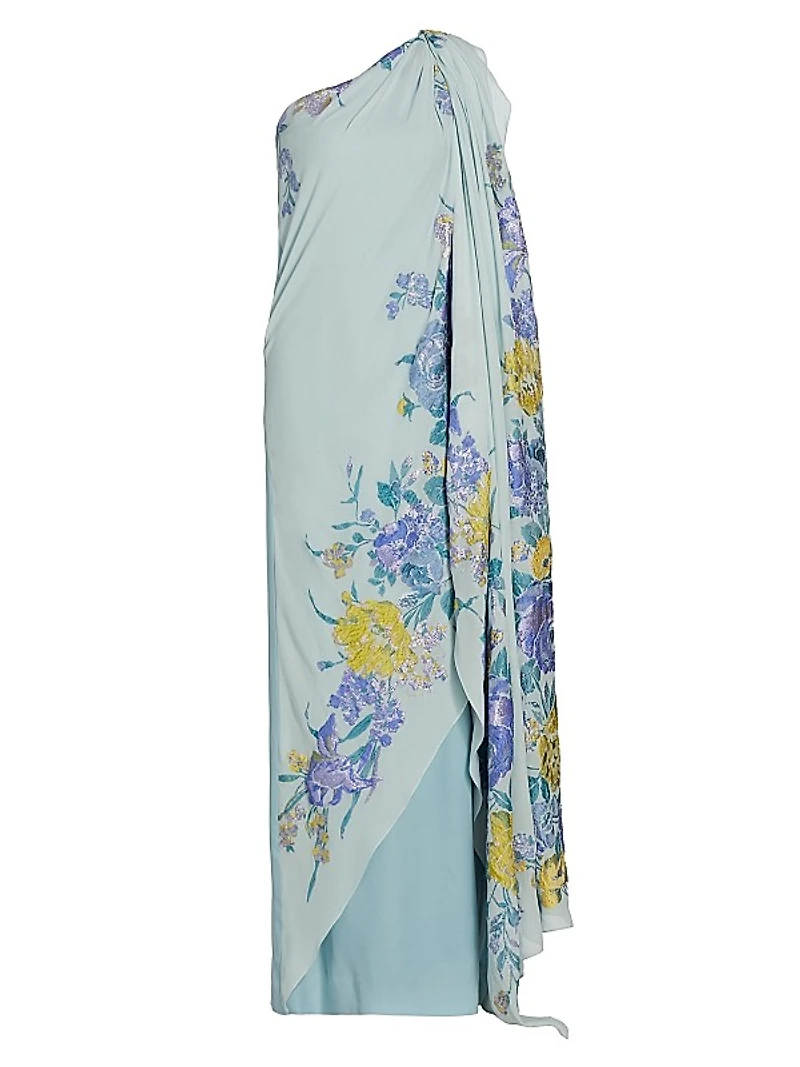 Alex Embroidered One-Shoulder Caftan Gown