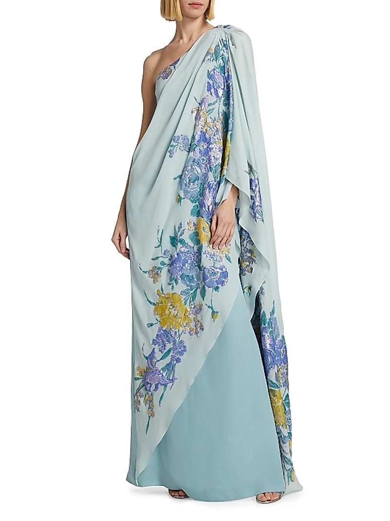 Alex Embroidered One-Shoulder Caftan Gown