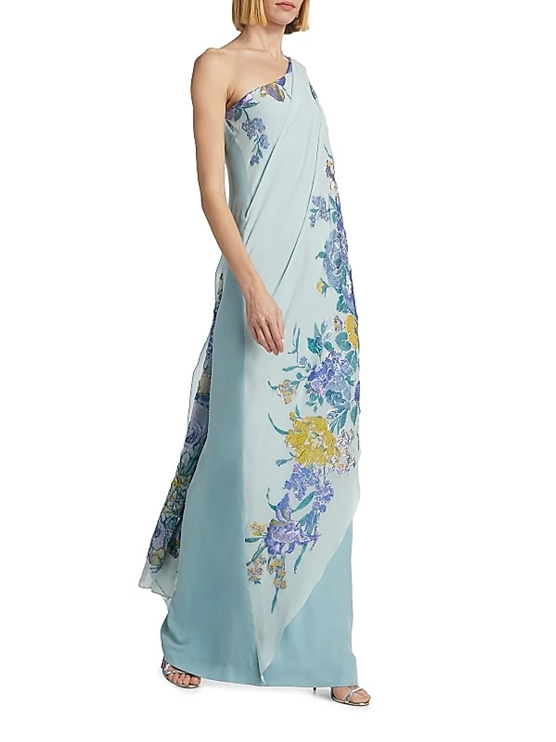 Alex Embroidered One-Shoulder Caftan Gown