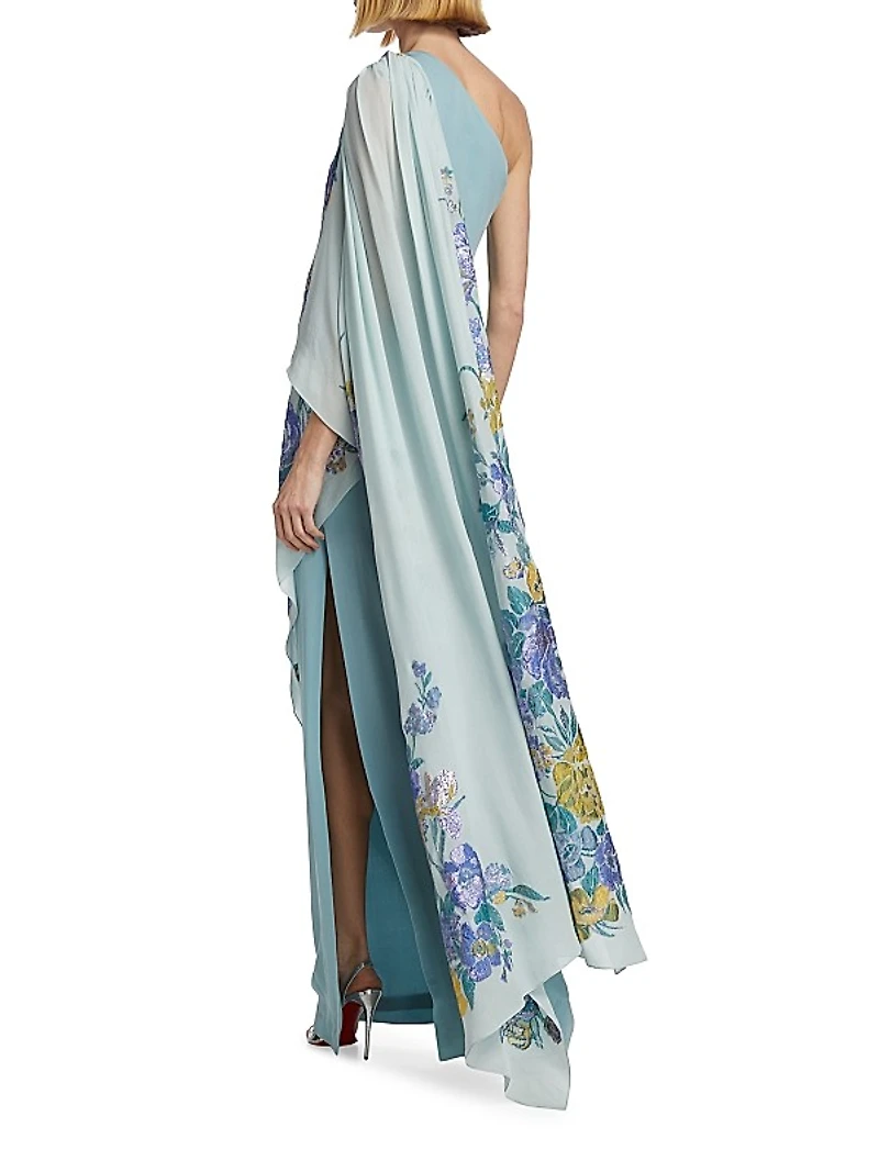 Alex Embroidered One-Shoulder Caftan Gown