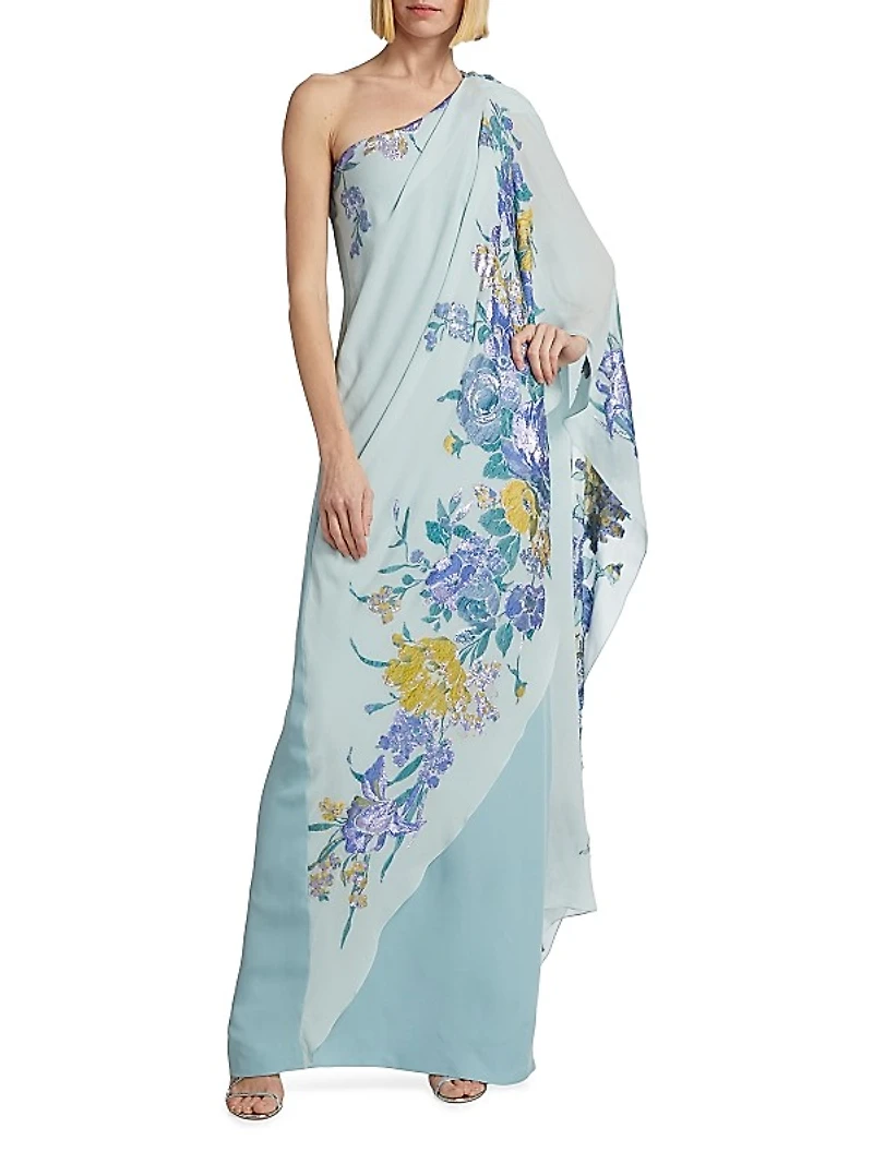 Alex Embroidered One-Shoulder Caftan Gown