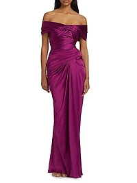 Satin Off-Shoulder Draped Dress