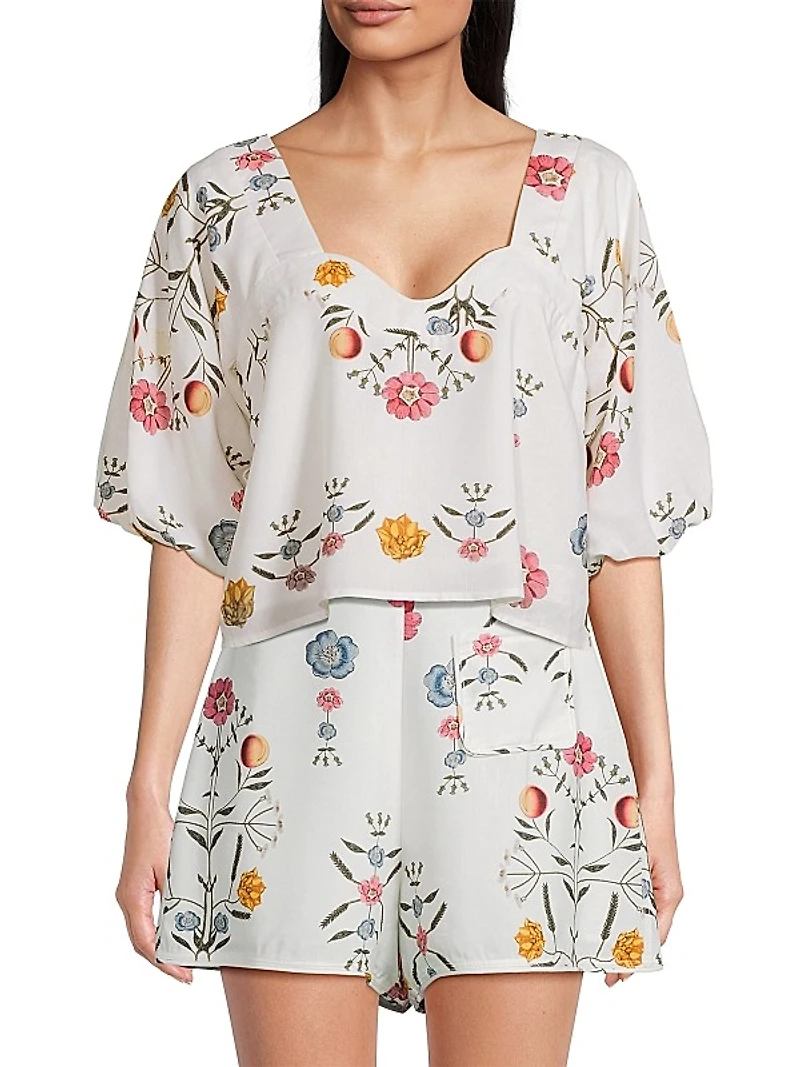 Lumi Floral Puff-Sleeve Crop Top