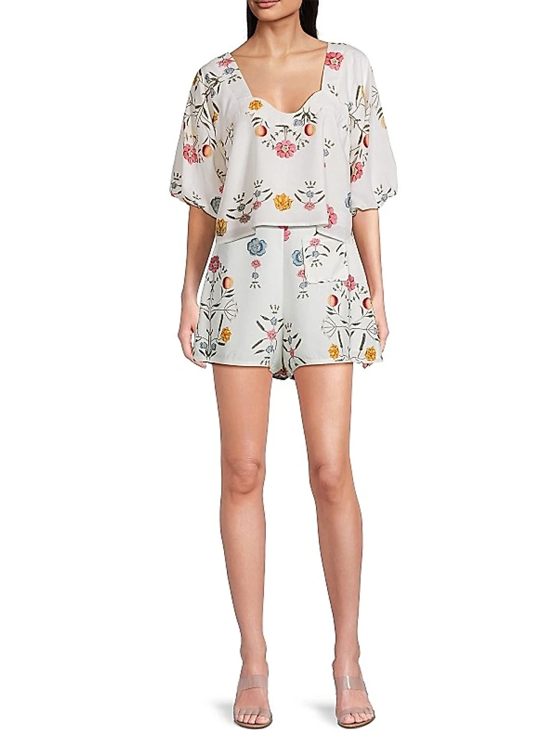 Lumi Floral Puff-Sleeve Crop Top