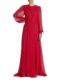 Twist Silk Chiffon Blouson-Sleeve Gown