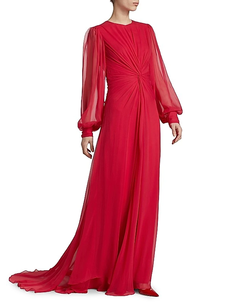 Twist Silk Chiffon Blouson-Sleeve Gown