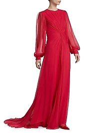 Twist Silk Chiffon Blouson-Sleeve Gown
