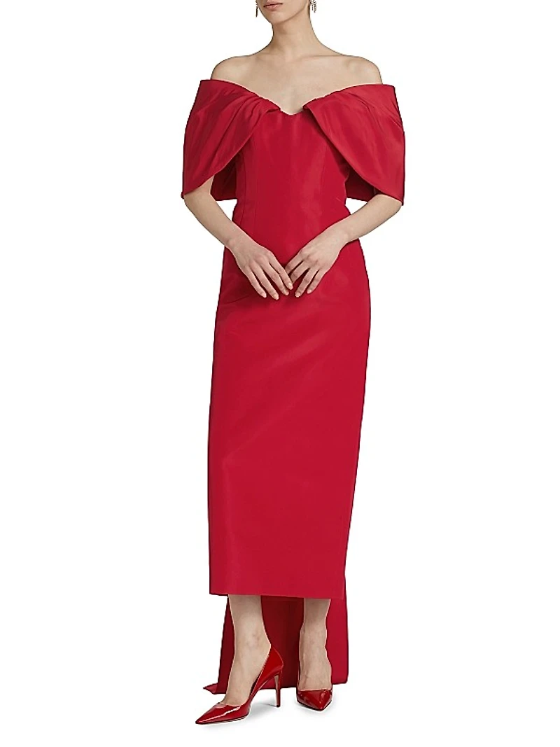 Off-The-Shoulder Silk Draped Column Gown