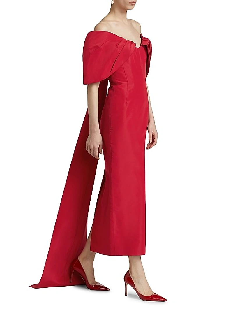 Off-The-Shoulder Silk Draped Column Gown