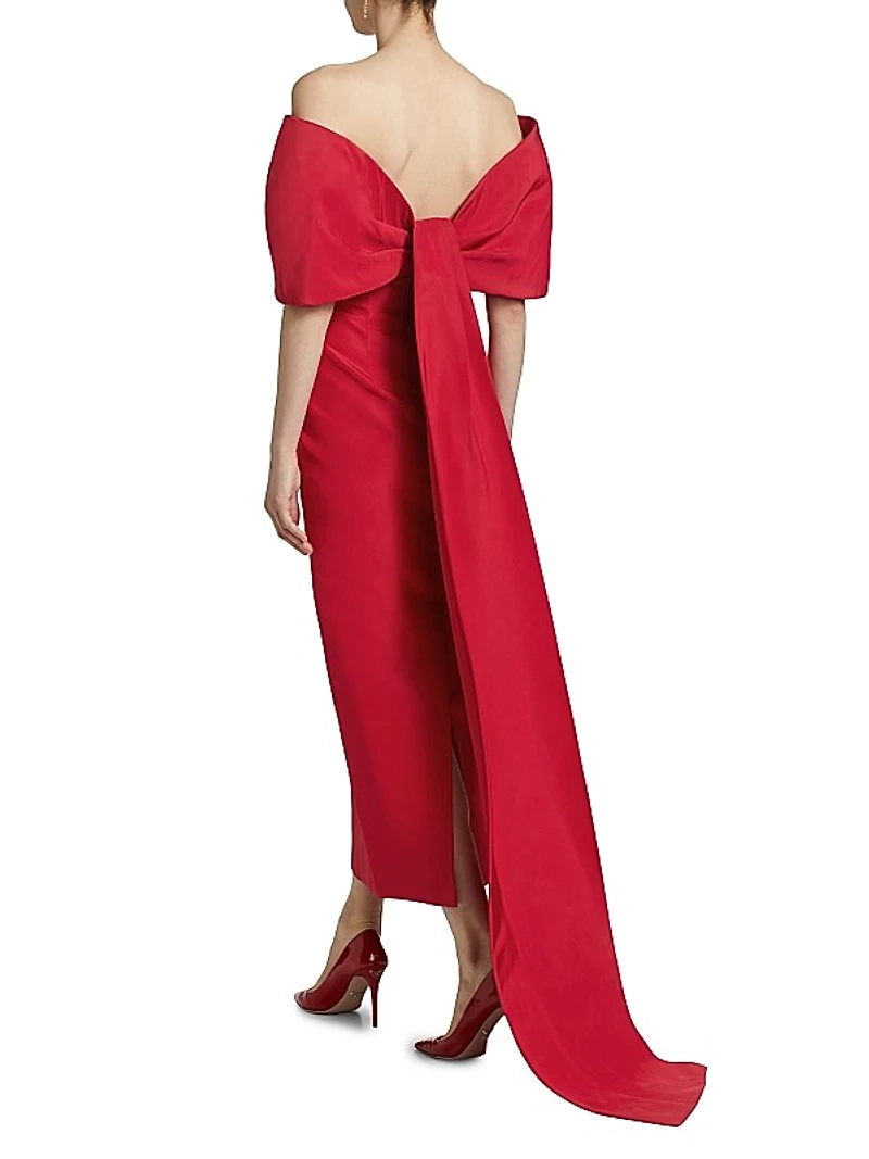 Off-The-Shoulder Silk Draped Column Gown