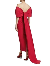 Off-The-Shoulder Silk Draped Column Gown