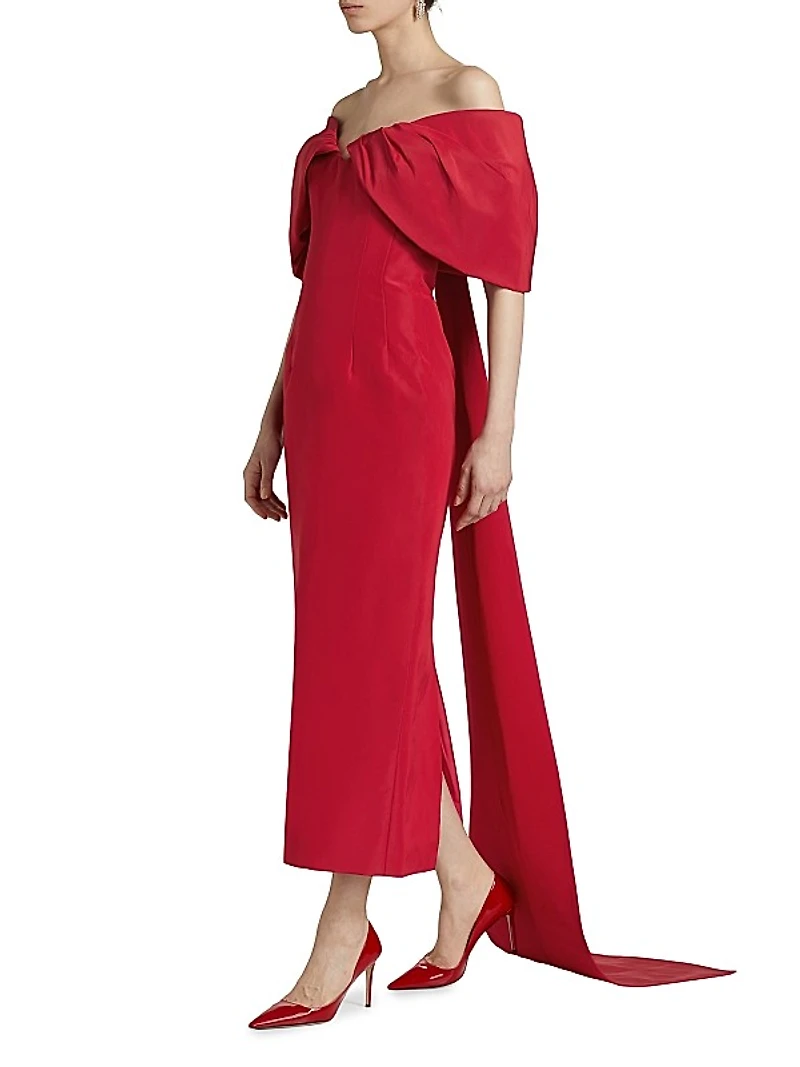 Off-The-Shoulder Silk Draped Column Gown