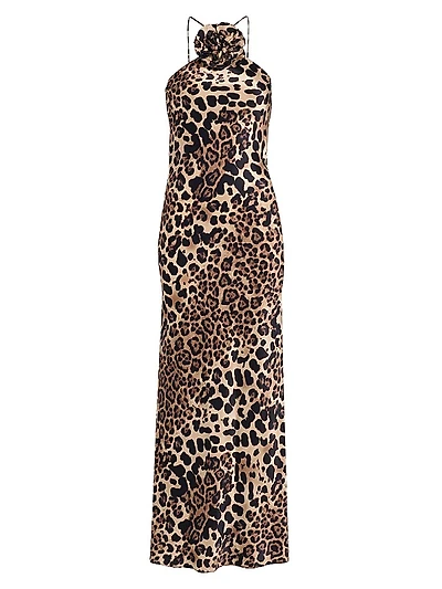 Leopard Silk Bias-Cut Halter Gown