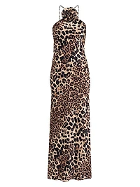 Leopard Silk Bias-Cut Halter Gown