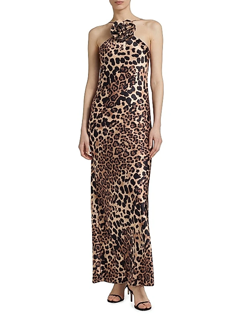 Leopard Silk Bias-Cut Halter Gown