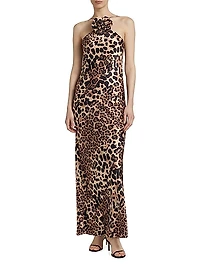 Leopard Silk Bias-Cut Halter Gown