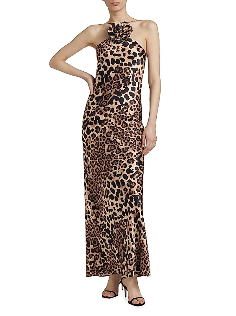 Leopard Silk Bias-Cut Halter Gown