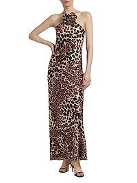 Leopard Silk Bias-Cut Halter Gown