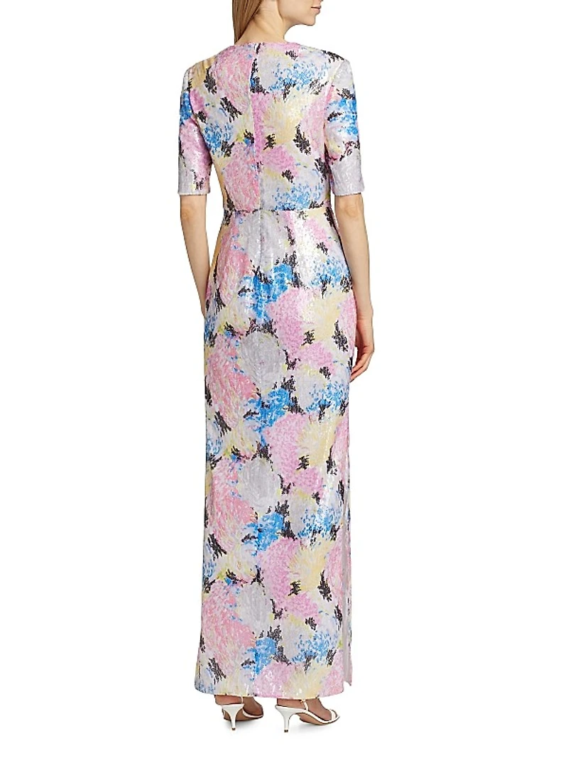 Floral Sequin Short-Sleeve Gown