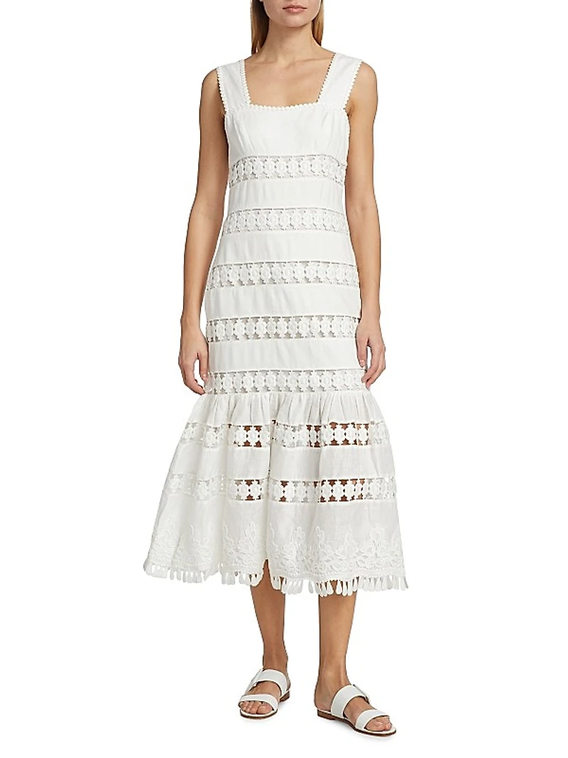 Pop Linen Lace Paneled Midi-Dress