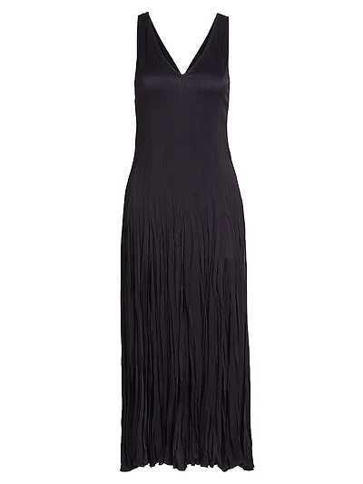 Satin Pleated V-Neck Midi Dress