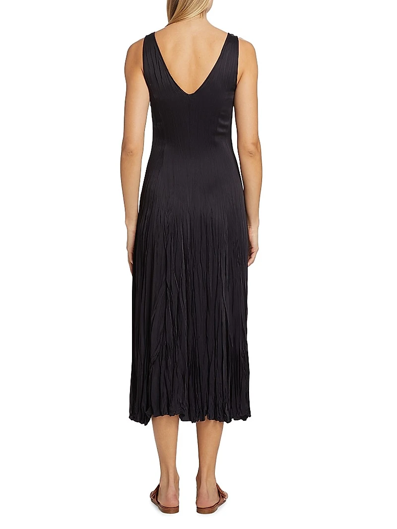 Satin Pleated V-Neck Midi Dress