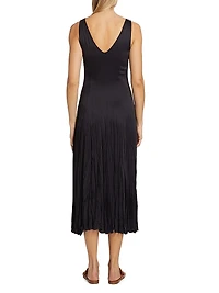 Satin Pleated V-Neck Midi Dress