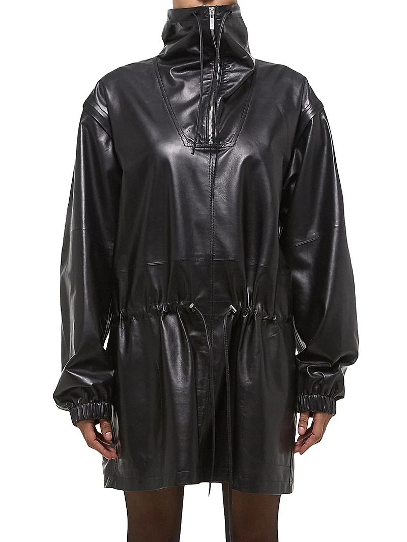 Leather Drawstring Half-Zip Jacket
