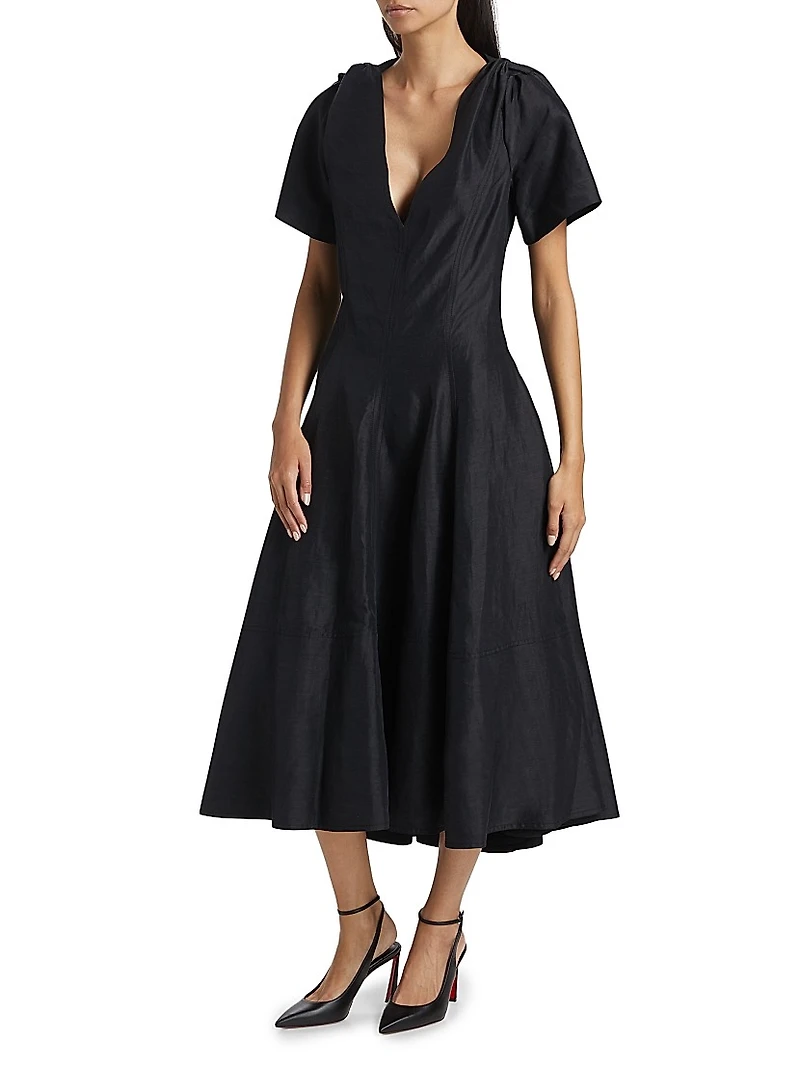Flutter-Sleeve Linen-Blend Midi-Dress
