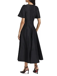 Flutter-Sleeve Linen-Blend Midi-Dress
