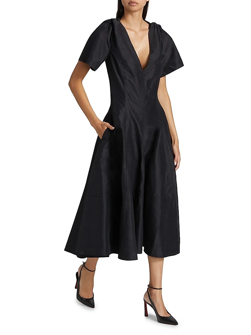 Flutter-Sleeve Linen-Blend Midi-Dress