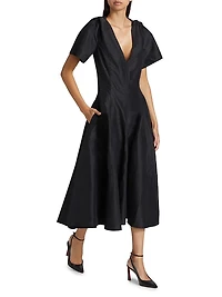 Flutter-Sleeve Linen-Blend Midi-Dress