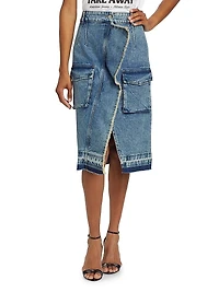 Ruffled Cargo Denim Midi-Skirt
