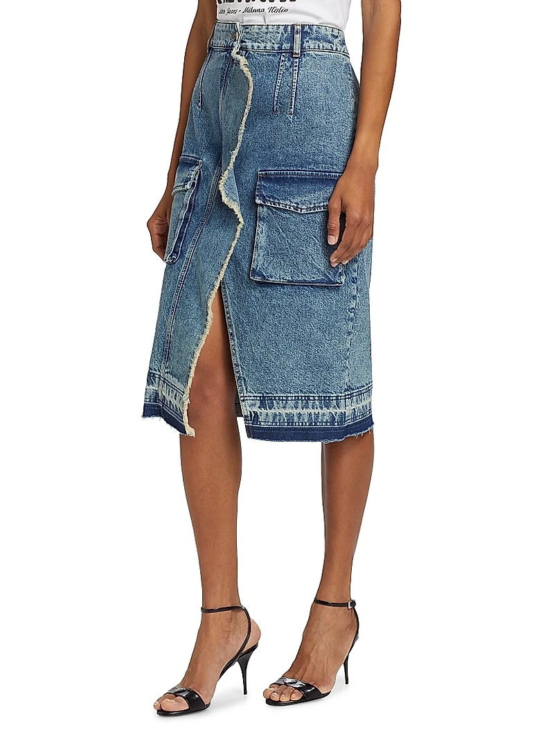 Ruffled Cargo Denim Midi-Skirt