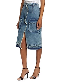 Ruffled Cargo Denim Midi-Skirt