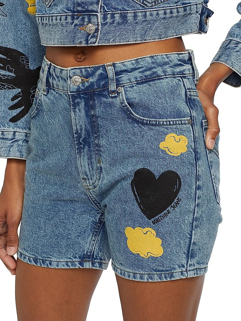 Printed Denim Shorts