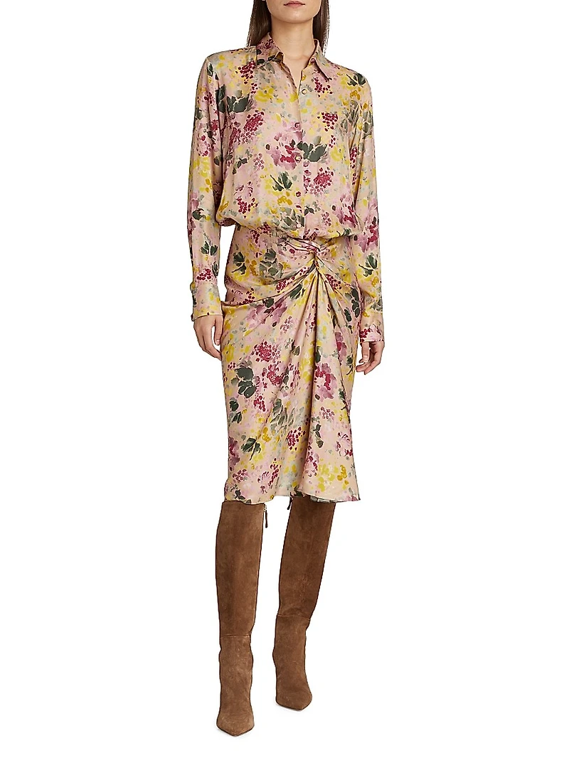 Floral Satin Draped Shirtdress