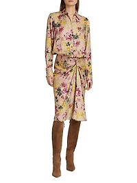 Floral Satin Draped Shirtdress