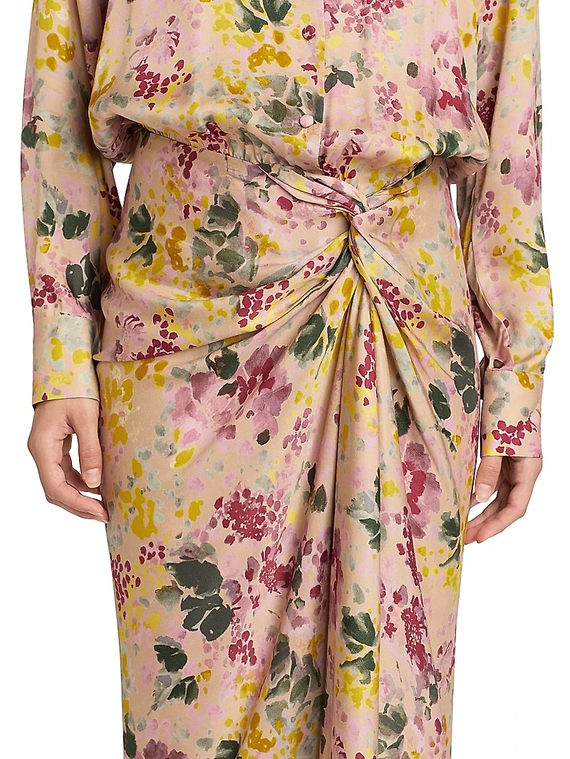 Floral Satin Draped Shirtdress