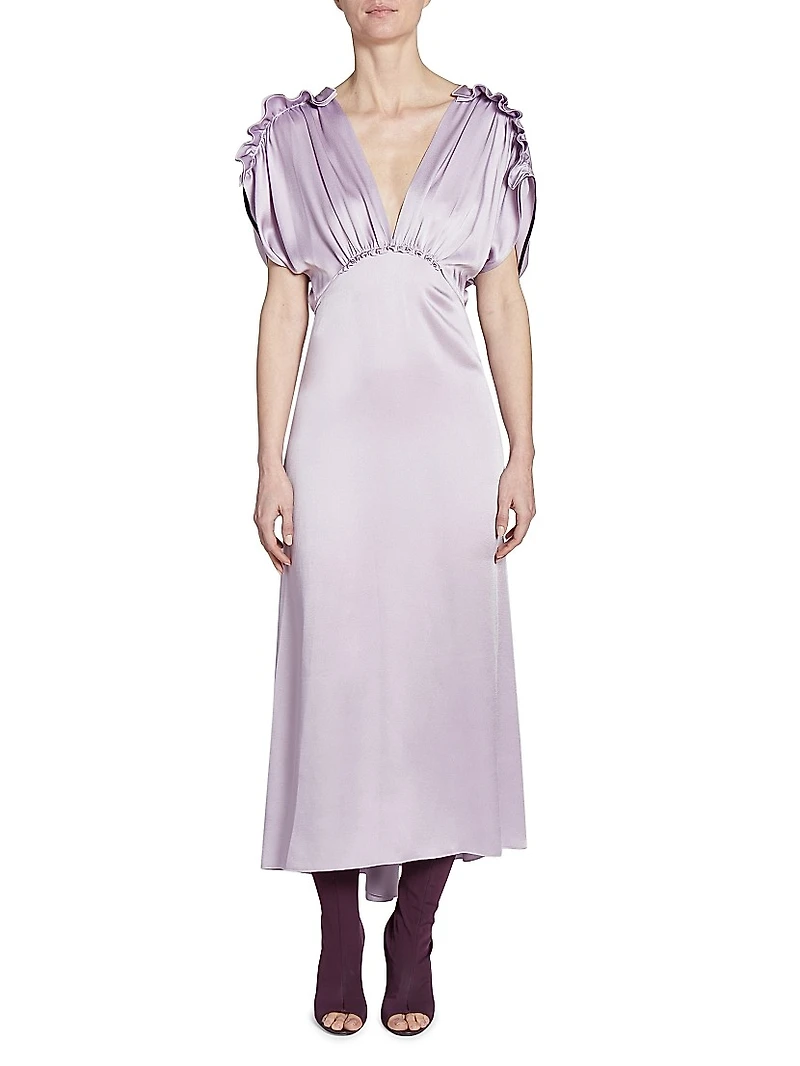 Satin V-Neck Ruffled Midi-Dress