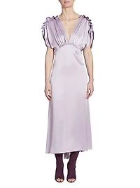Satin V-Neck Ruffled Midi-Dress