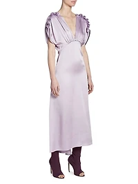 Satin V-Neck Ruffled Midi-Dress