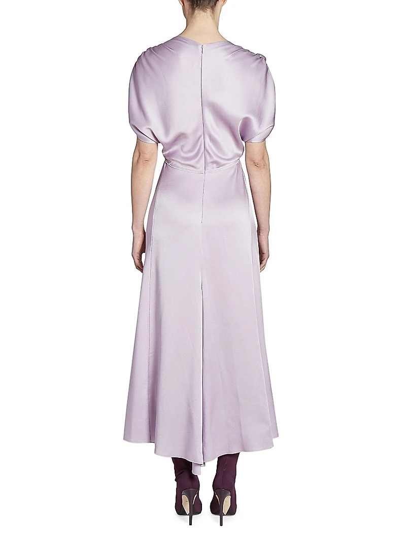 Satin V-Neck Ruffled Midi-Dress